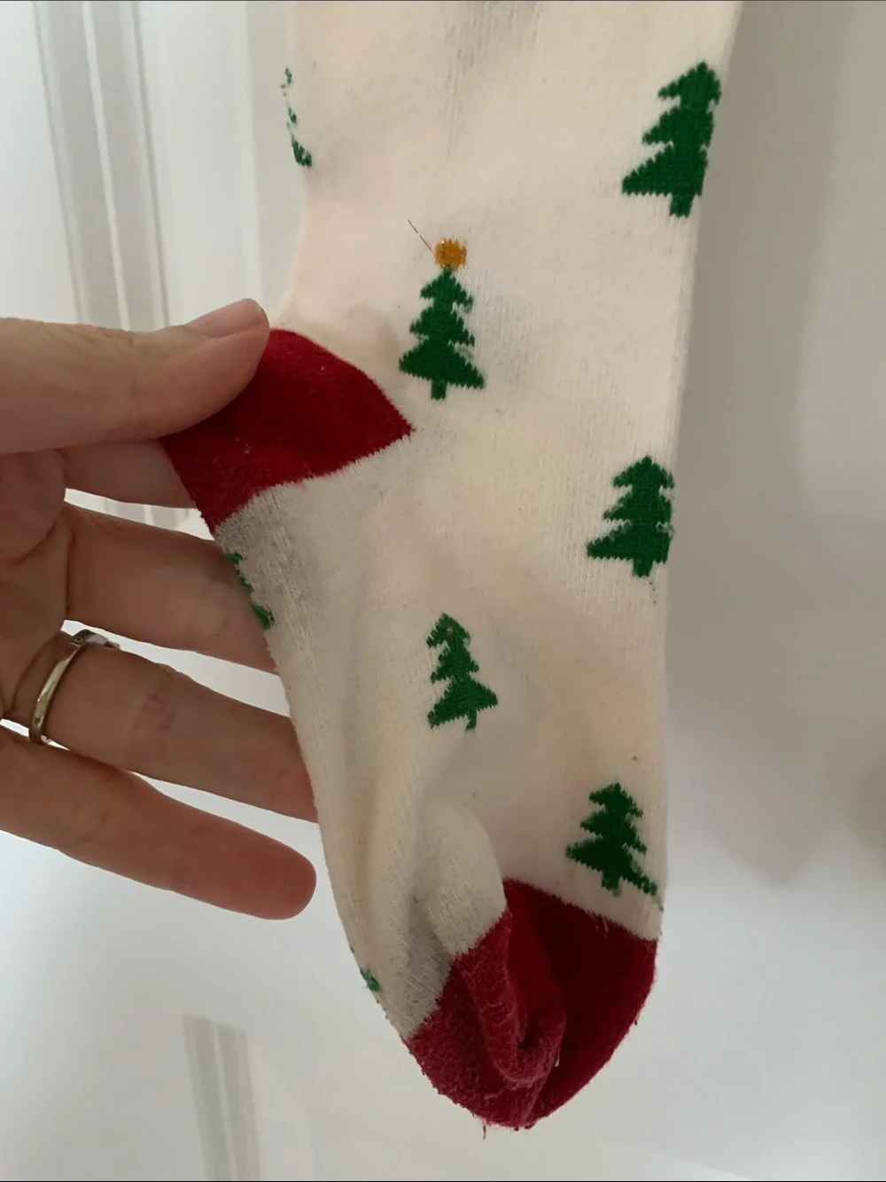 Cream Kids Tights with Green Christmas Tree Print and Red Toes
